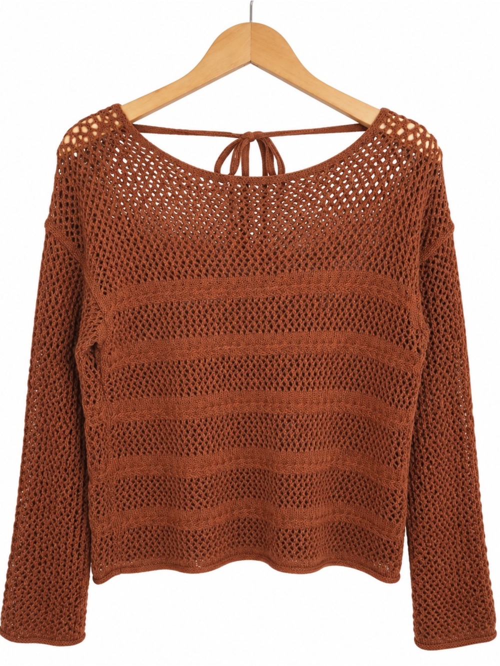 Open-Knit Scoop Neck Pullover Sweater in Rust Brown